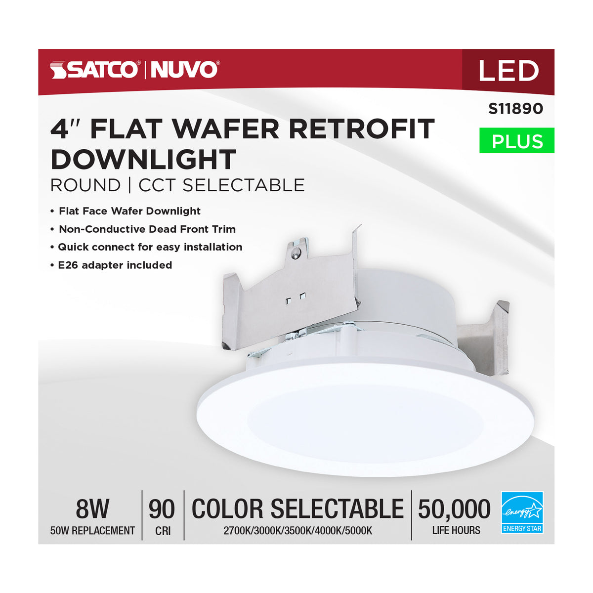 8 Watt - 4 Inch LED Downlight Retrofit - 27K/30K/35K/40K/50K CCT Selectable - Flat Wafer - Round - Matte White Finish