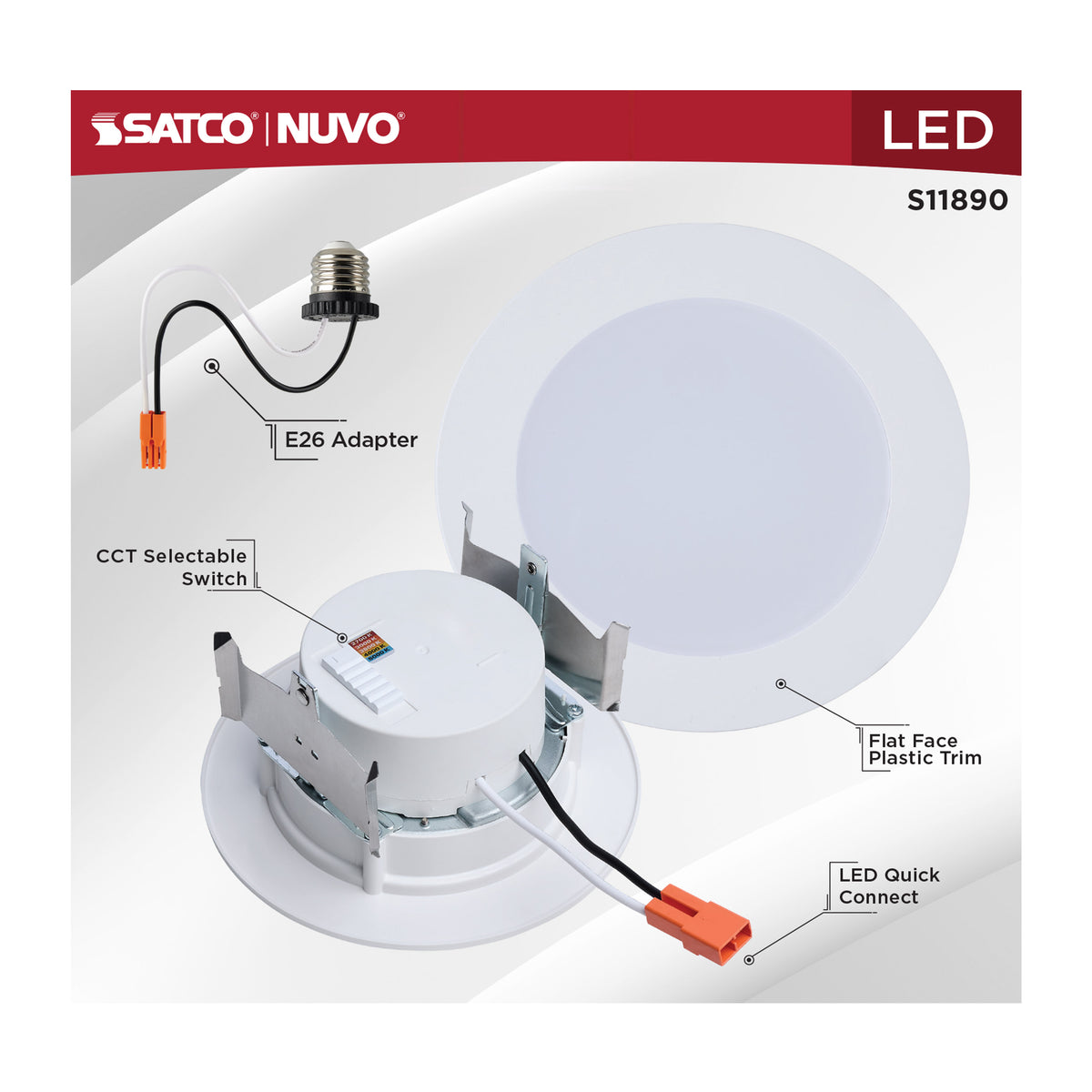 8 Watt - 4 Inch LED Downlight Retrofit - 27K/30K/35K/40K/50K CCT Selectable - Flat Wafer - Round - Matte White Finish