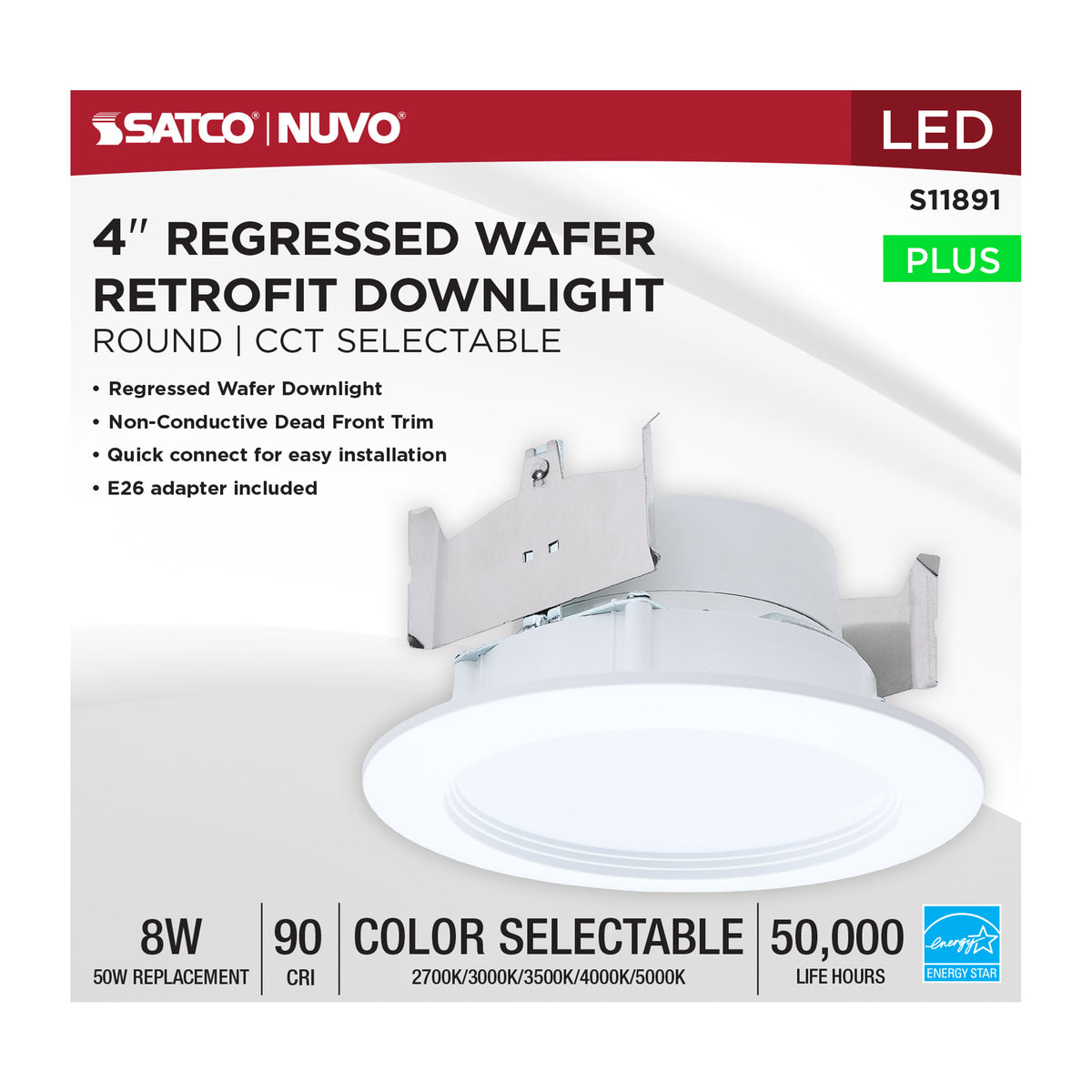 8 Watt - 4 Inch LED Downlight Retrofit - 27K/30K/35K/40K/50K CCT Selectable - Regressed Wafer - Round - Matte White Finish