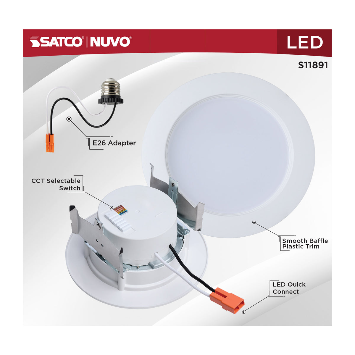 8 Watt - 4 Inch LED Downlight Retrofit - 27K/30K/35K/40K/50K CCT Selectable - Regressed Wafer - Round - Matte White Finish