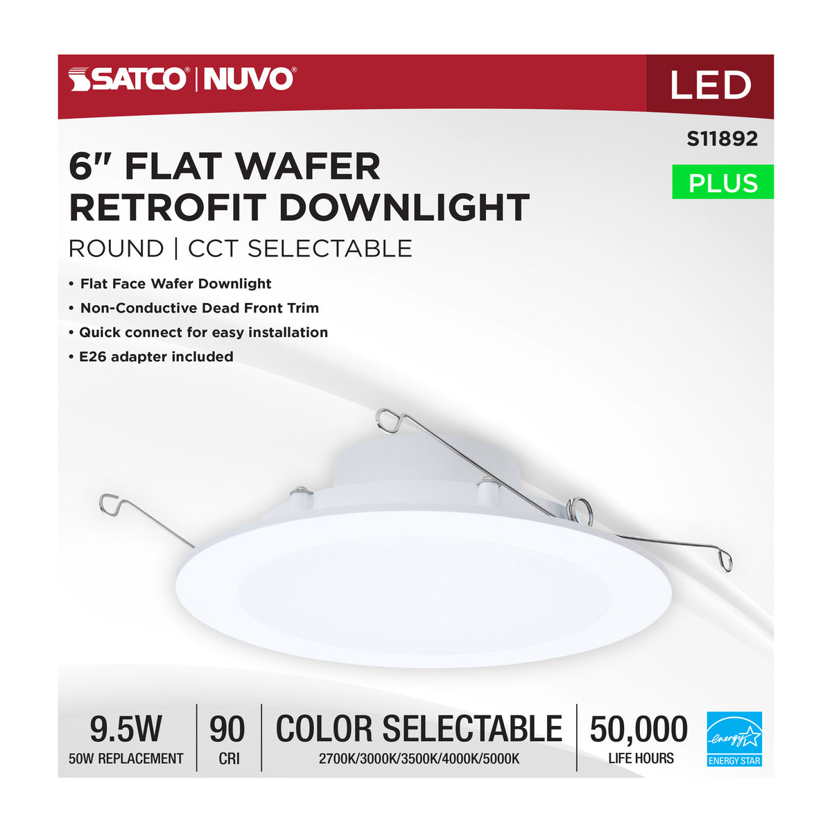 9.5 Watt - 6 Inch LED Downlight Retrofit - 27K/30K/35K/40K/50K CCT Selectable - Flat Wafer - Round - Matte White Finish