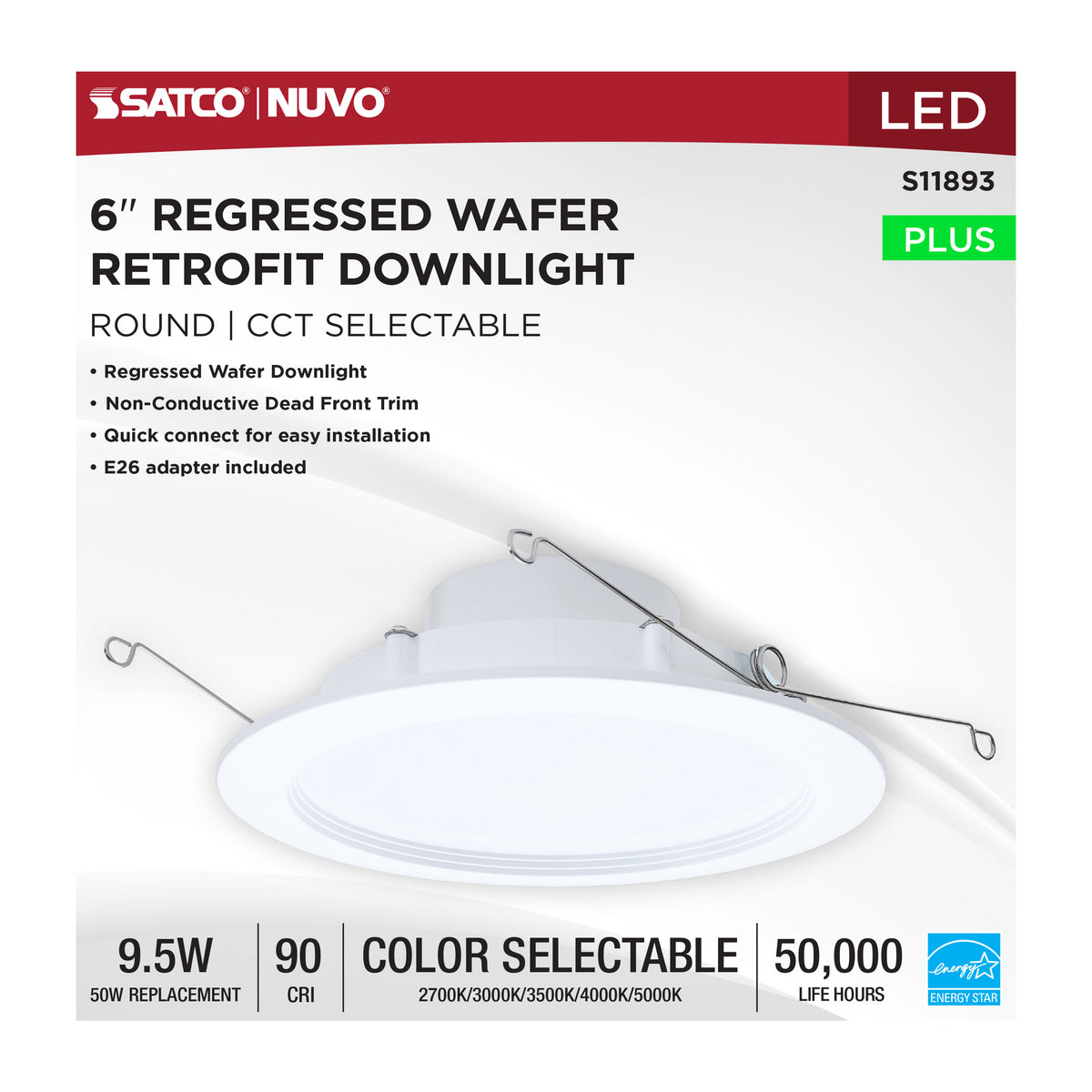 9.5 Watt - 6 Inch LED Downlight Retrofit - 27K/30K/35K/40K/50K CCT Selectable - Regressed Wafer - Round - Matte White Finish