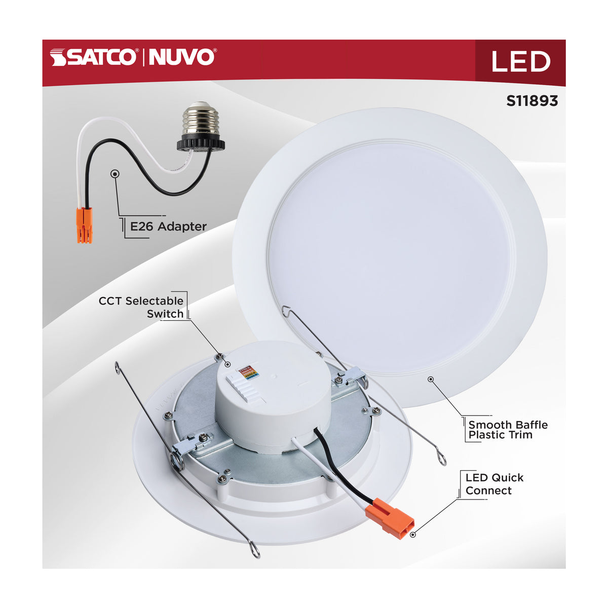9.5 Watt - 6 Inch LED Downlight Retrofit - 27K/30K/35K/40K/50K CCT Selectable - Regressed Wafer - Round - Matte White Finish