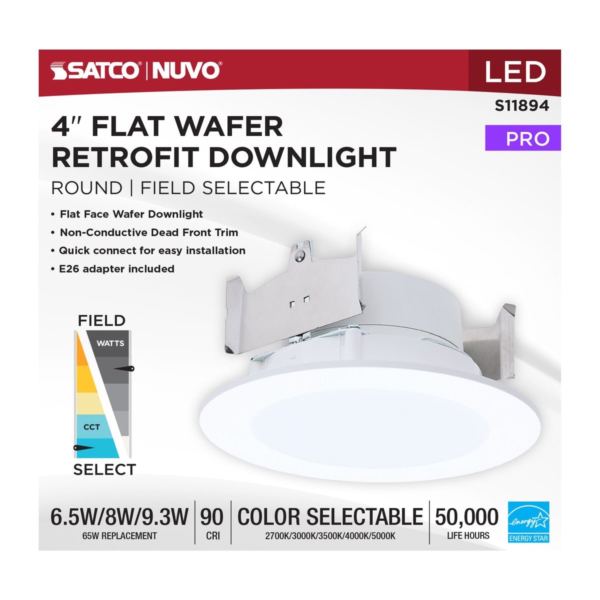 6.5/8/9.3 Watt LED Downlight Retrofit - 27K/30K/35K/40K/50K CCT - 4 Inch - Flat Wafer - Round - Matte White Finish