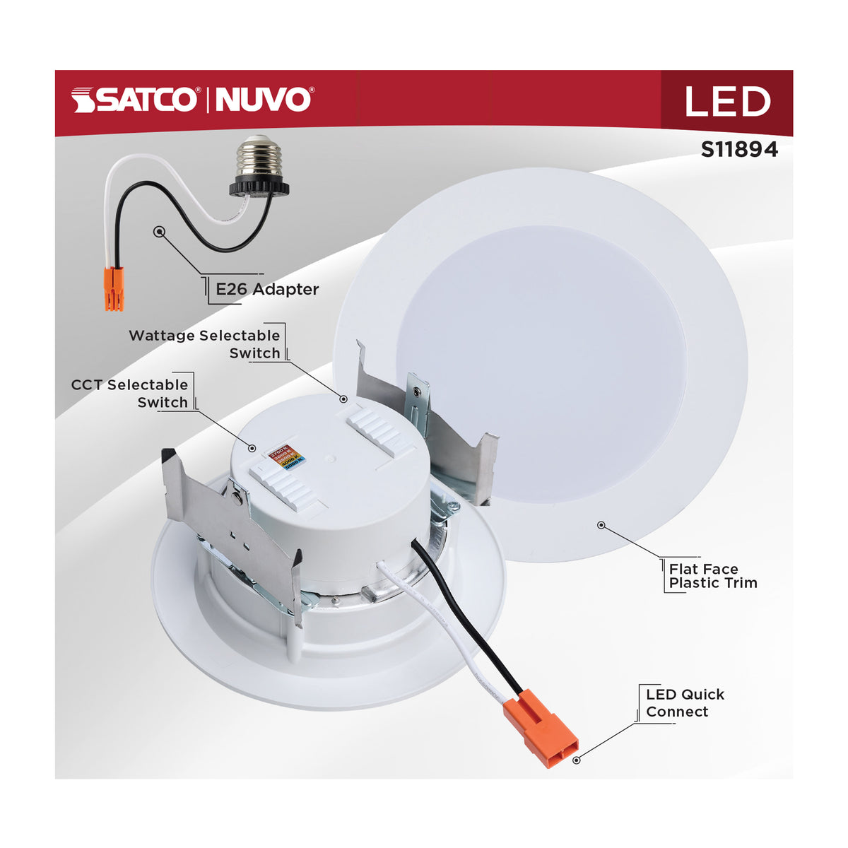 6.5/8/9.3 Watt LED Downlight Retrofit - 27K/30K/35K/40K/50K CCT - 4 Inch - Flat Wafer - Round - Matte White Finish
