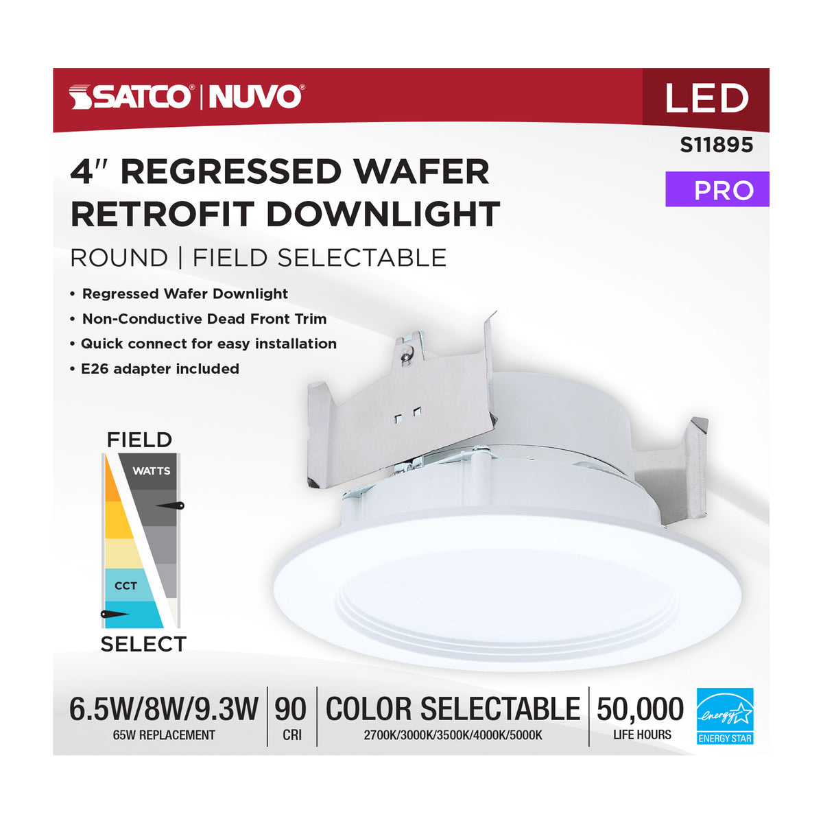 6.5/8/9.3 Watt LED Downlight Retrofit - 27K/30K/35K/40K/50K CCT - 4 Inch - Regressed Wafer - Round - Matte White Finish