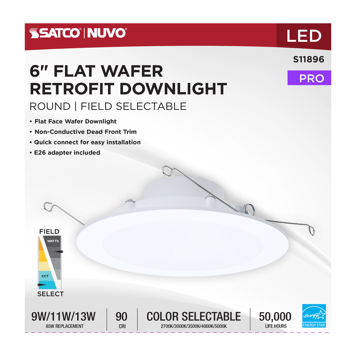 9/11/13 Watt LED Downlight Retrofit - 27K/30K/35K/40K/50K CCT - 6 Inch - Flat Wafer - Round - Matte White Finish
