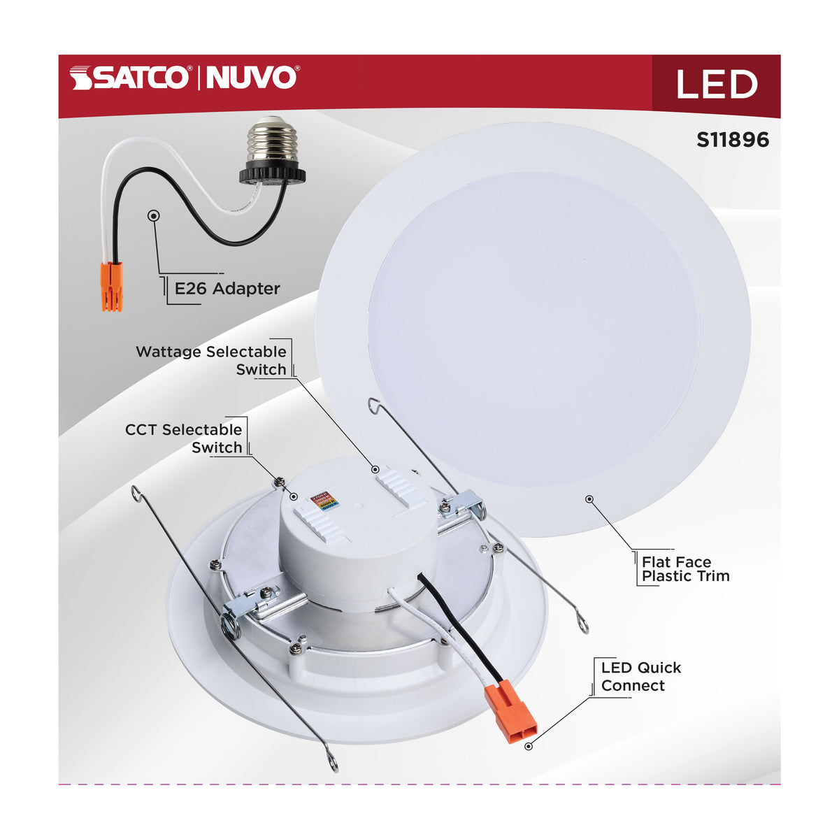 9/11/13 Watt LED Downlight Retrofit - 27K/30K/35K/40K/50K CCT - 6 Inch - Flat Wafer - Round - Matte White Finish