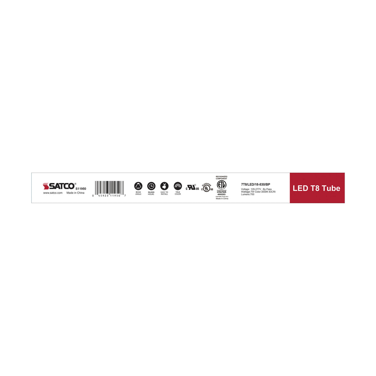 7 Watt - 18 Inch - T8 Linear LED - Medium Bi-Pin G13Base - 3000K - 50000 Average Rated Hours - 700 Lumens - Type B Ballast Bypass