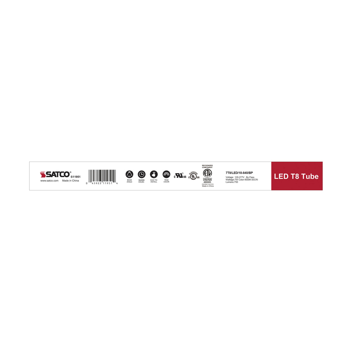 7 Watt - 18 Inch - T8 Linear LED - Medium Bi-Pin G13Base - 4000K - 50000 Average Rated Hours - 750 Lumens - Type B Ballast Bypass