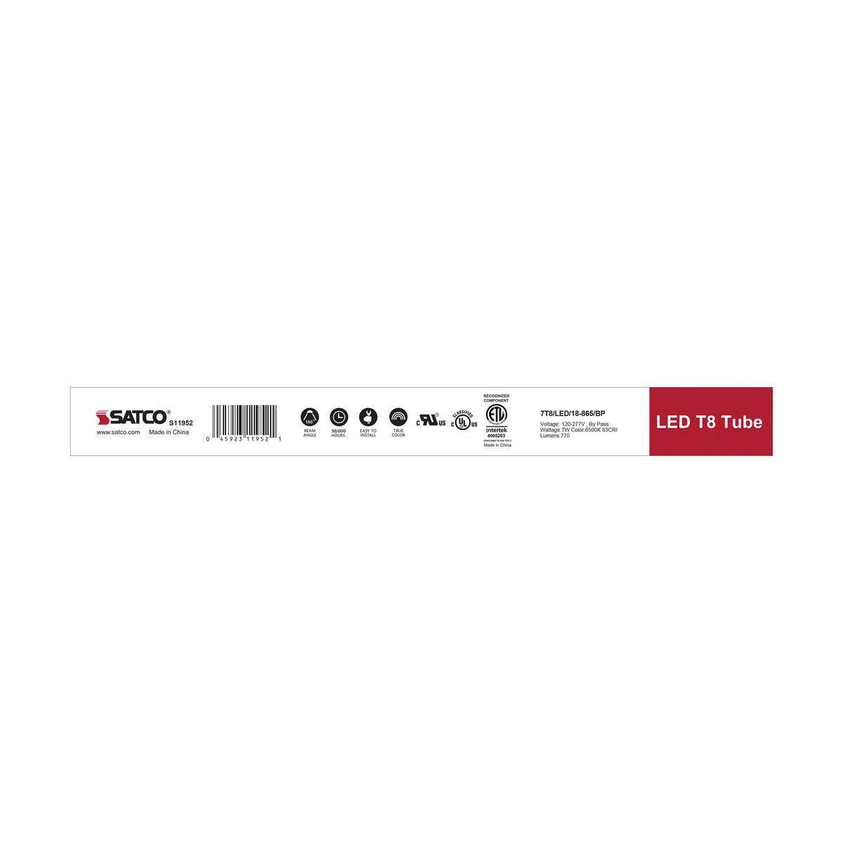 7 Watt - 18 Inch - T8 Linear LED - Medium Bi-Pin G13Base - 6500K - 50000 Average Rated Hours - 770 Lumens - Type B Ballast Bypass