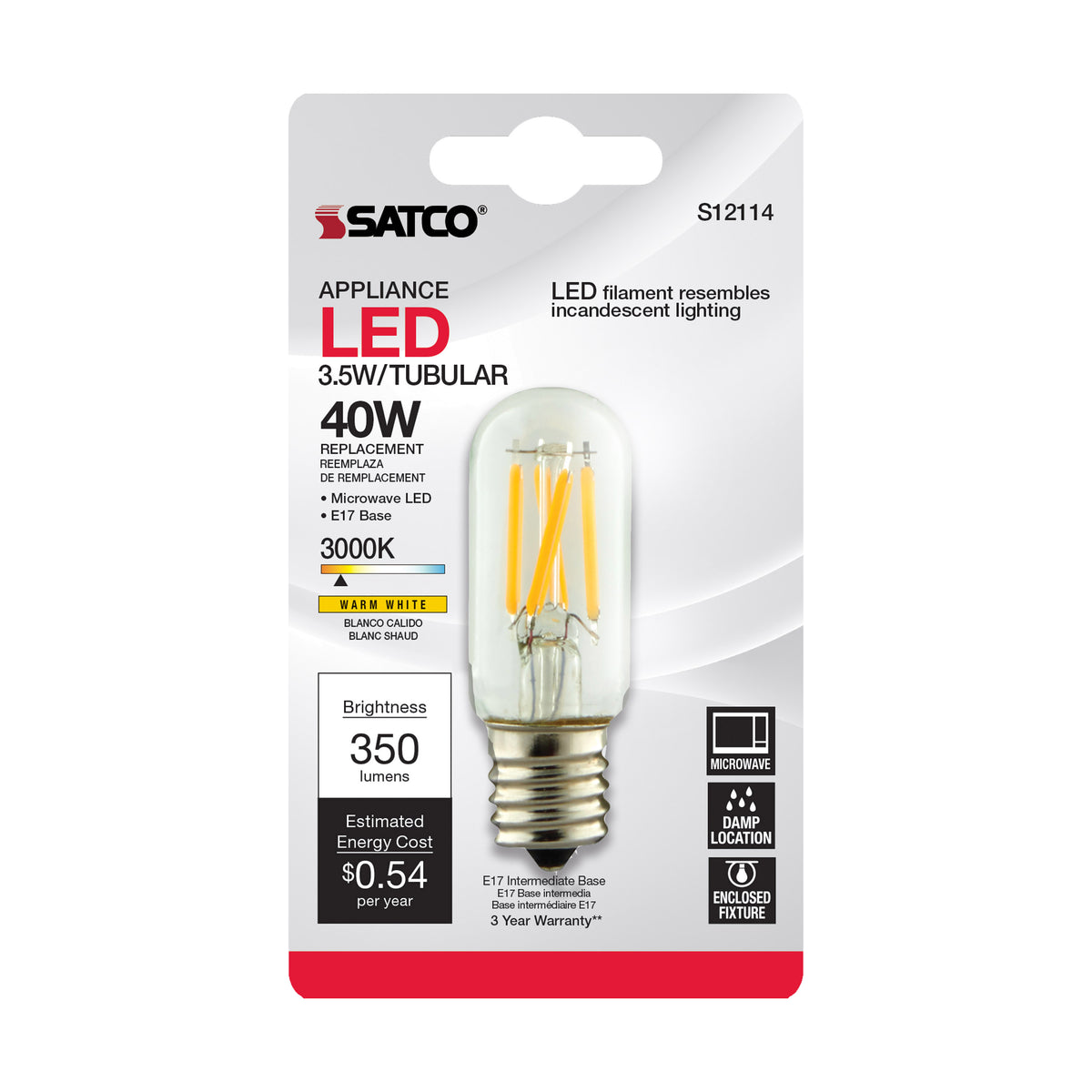3.5 Watt - T7 LED Filament - Clear - Intermediate base - 3000K - 350 Lumens - 120 Volt - Carded