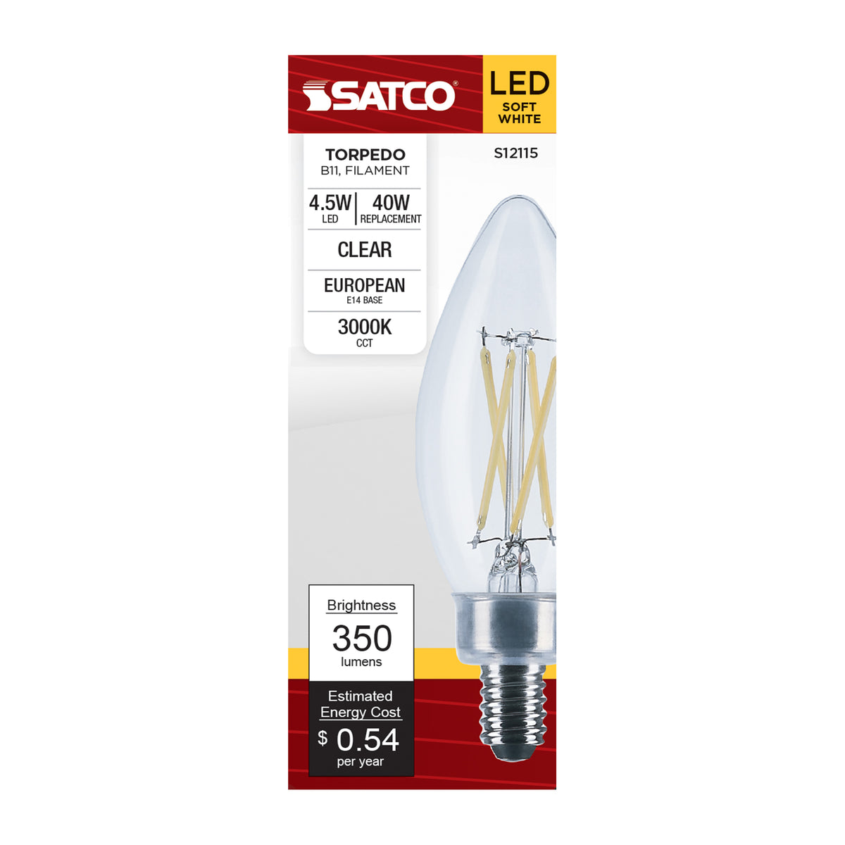 4.5 Watt - B11 LED Filament - Clear - 350 Lumens - 3000K - European base - 120 Volt