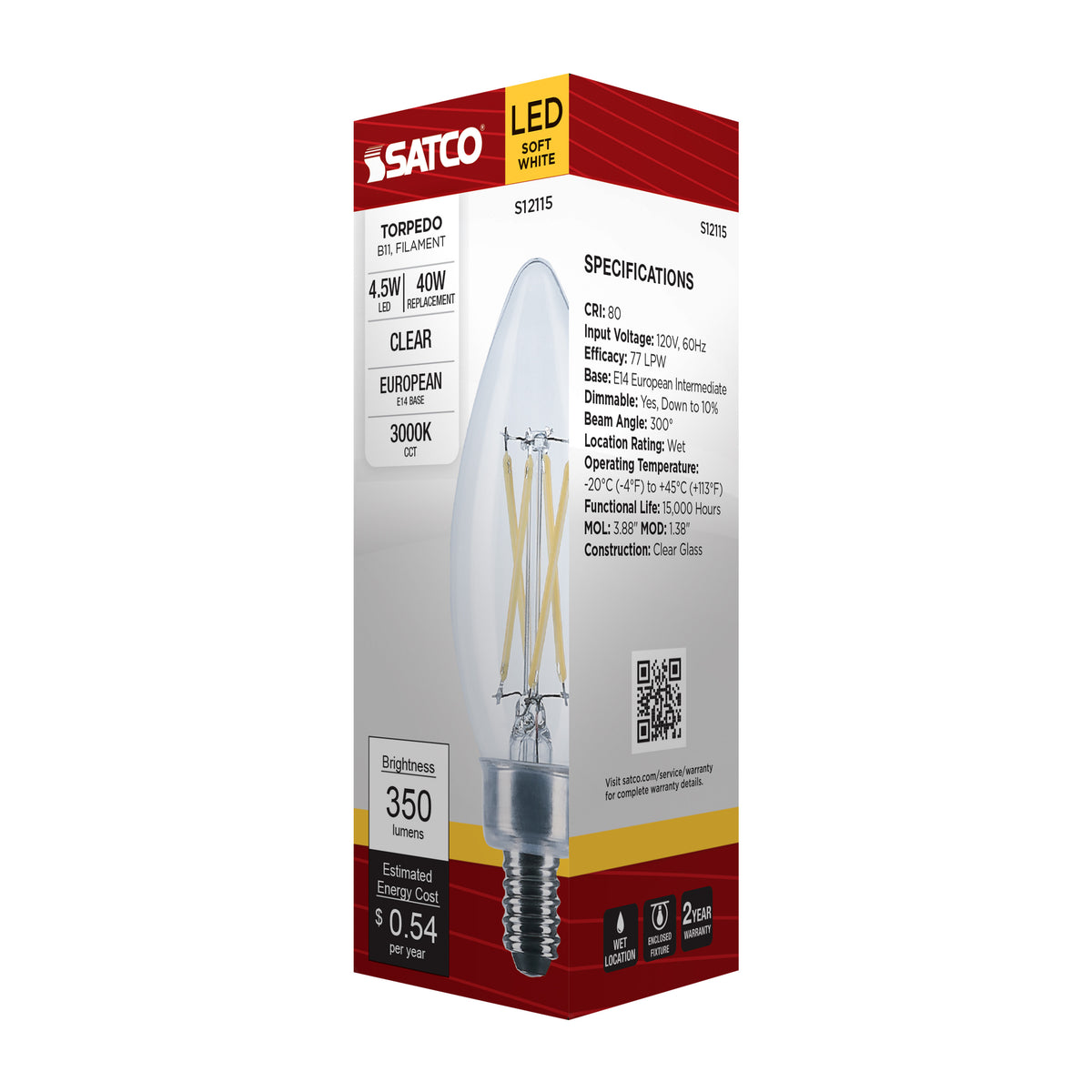 4.5 Watt - B11 LED Filament - Clear - 350 Lumens - 3000K - European base - 120 Volt
