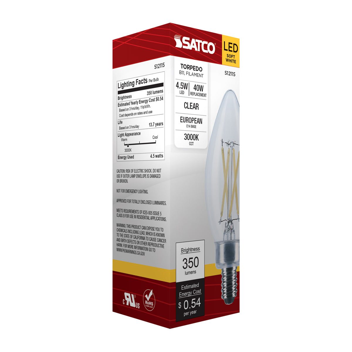 4.5 Watt - B11 LED Filament - Clear - 350 Lumens - 3000K - European base - 120 Volt