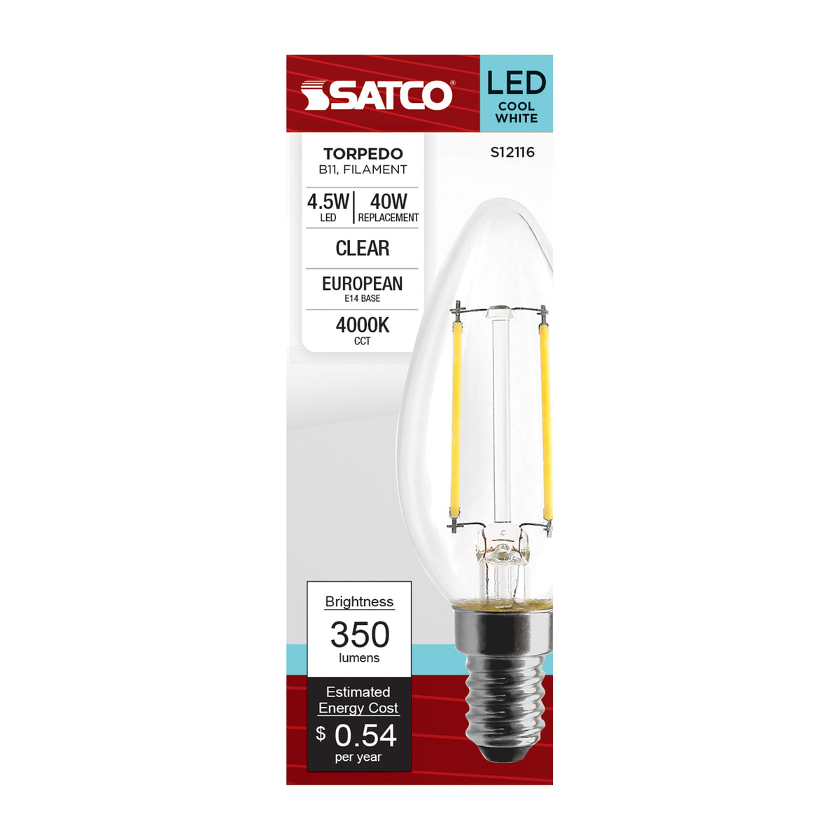 4.5 Watt - B11 LED Filament - Clear - 350 Lumens - 4000K - European base - 120 Volt