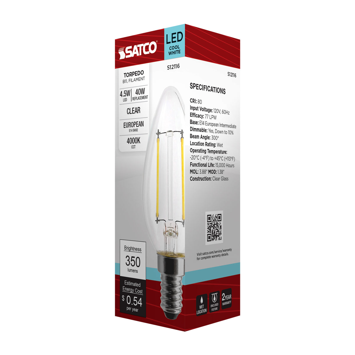 4.5 Watt - B11 LED Filament - Clear - 350 Lumens - 4000K - European base - 120 Volt