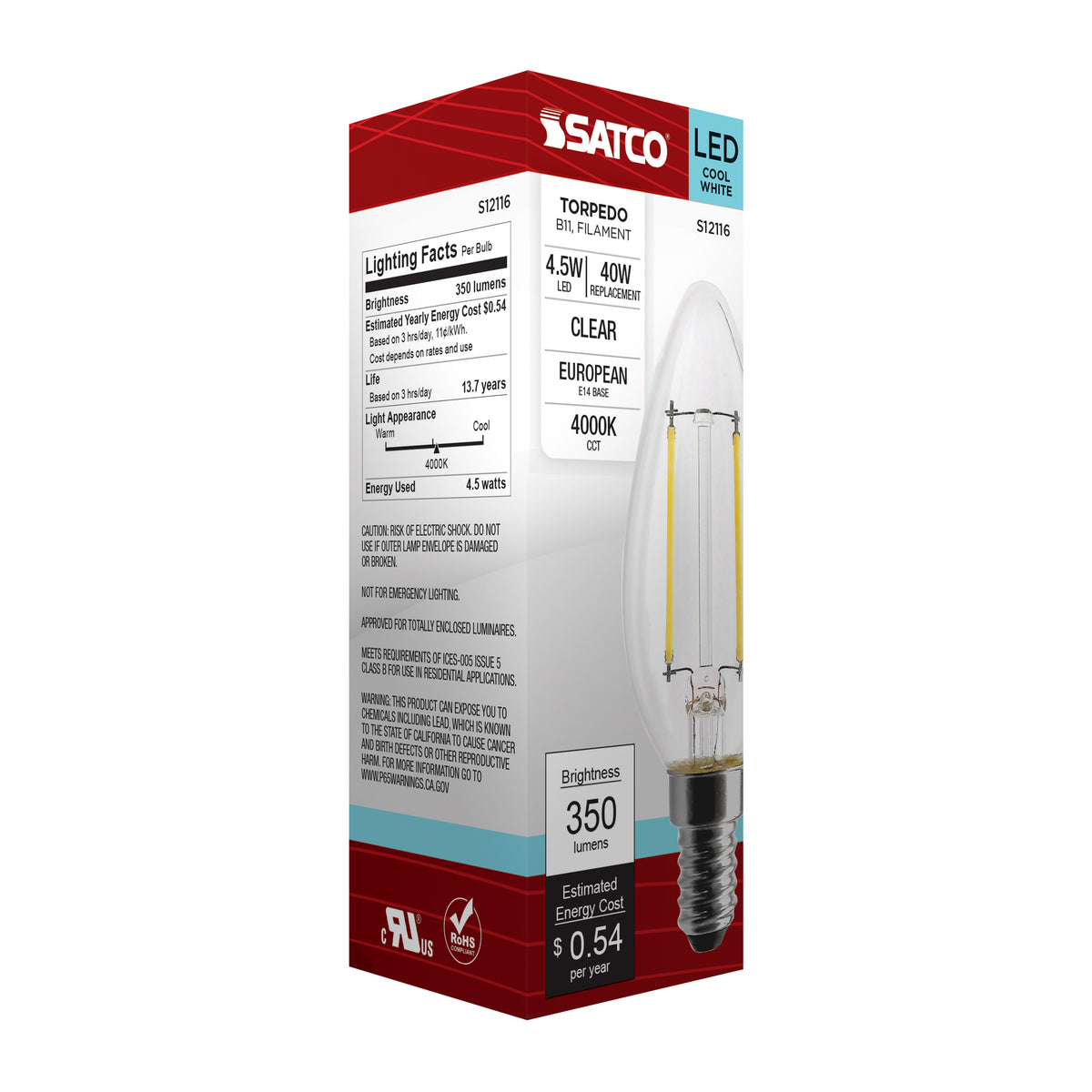 4.5 Watt - B11 LED Filament - Clear - 350 Lumens - 4000K - European base - 120 Volt