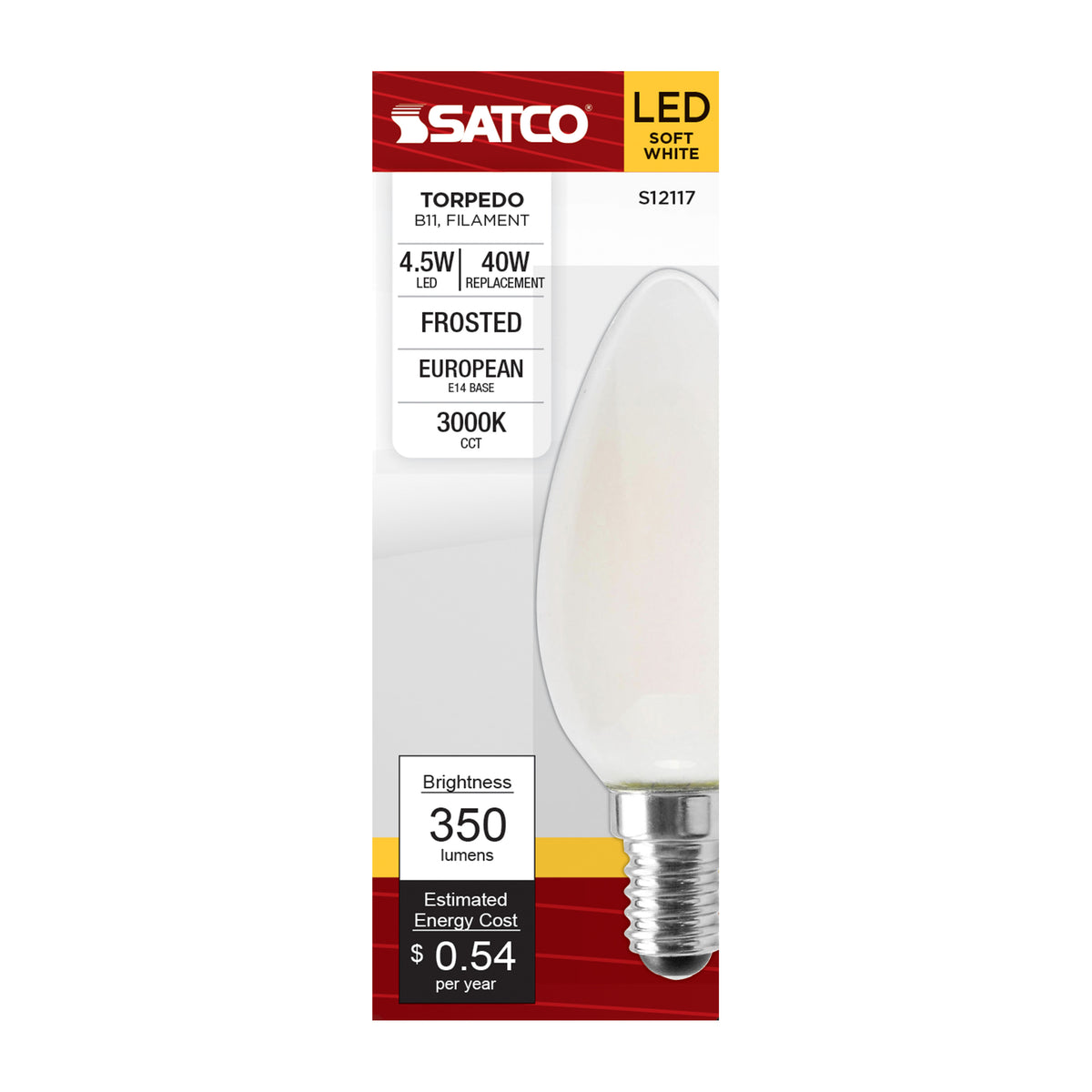 4.5 Watt - B11 LED Filament - Frosted - 350 Lumens - 3000K - European base - 120 Volt