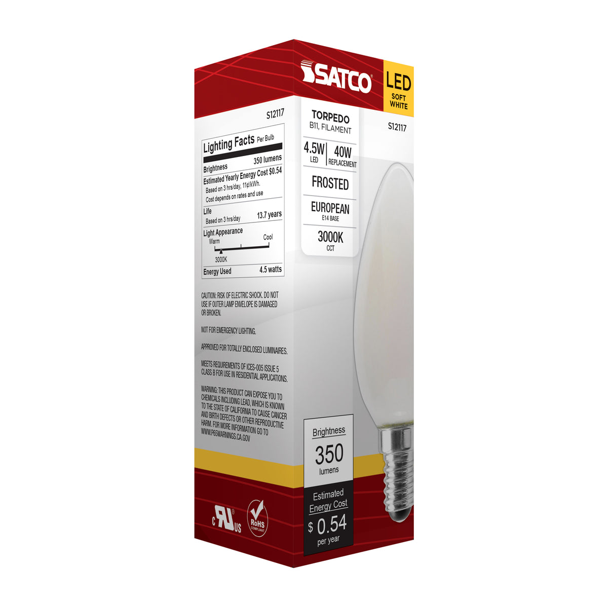 4.5 Watt - B11 LED Filament - Frosted - 350 Lumens - 3000K - European base - 120 Volt