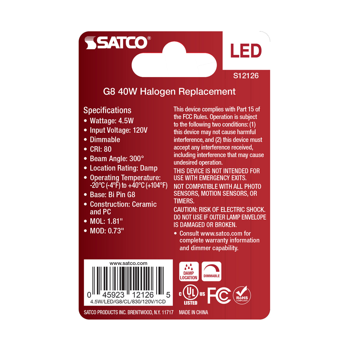 4.5 Watt Mini LED - G8 Base - 3000K - Clear Finish - 120 Volt