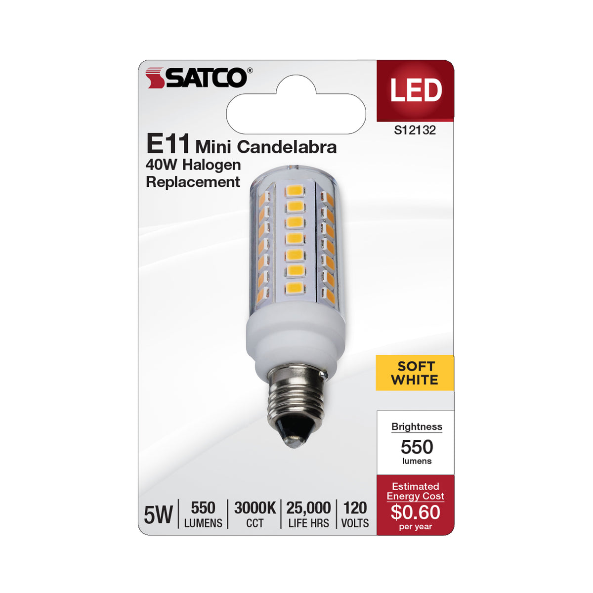 5 Watt Mini LED - Miniature Candelabra Base - 3000K - Clear Finish - 120 Volt