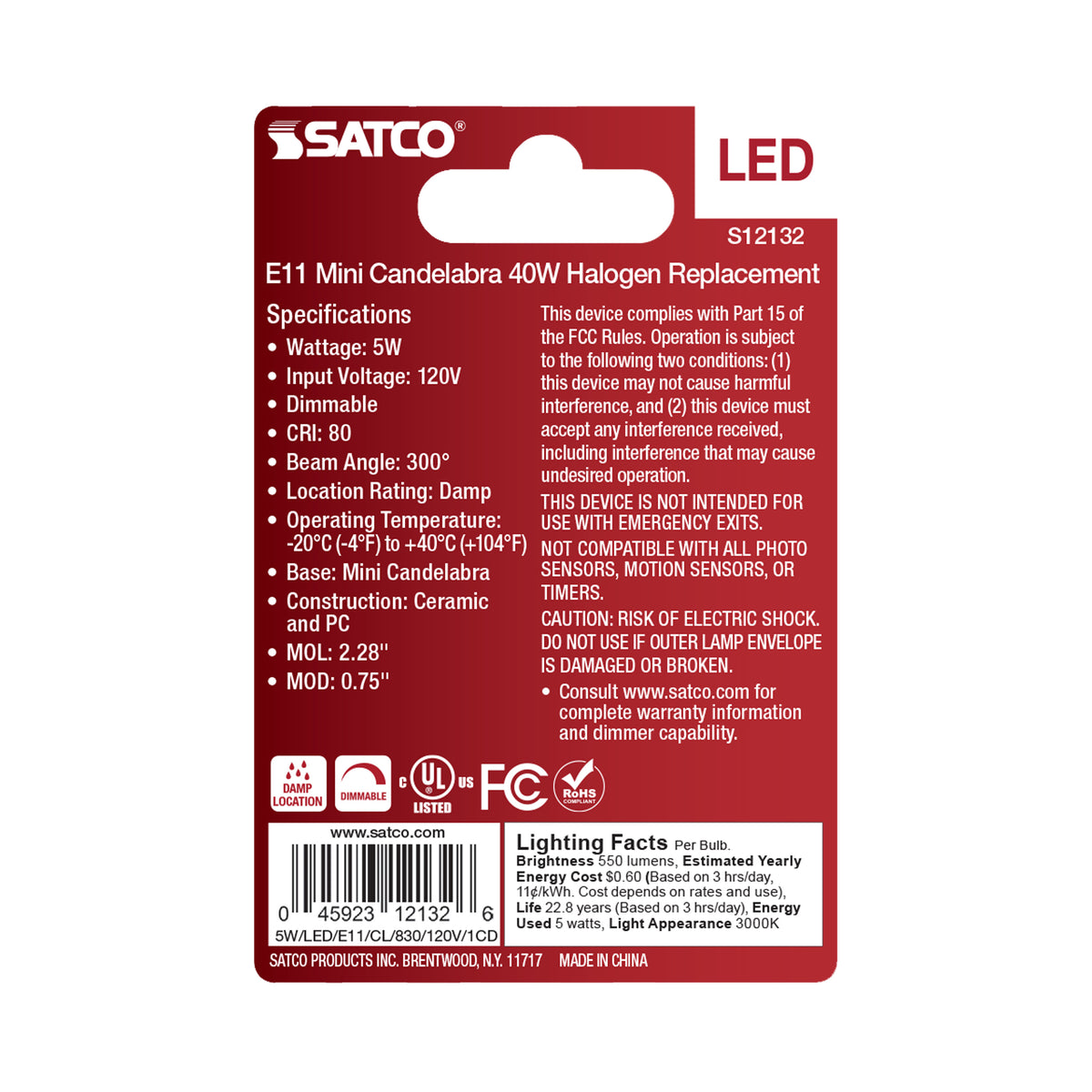 5 Watt Mini LED - Miniature Candelabra Base - 3000K - Clear Finish - 120 Volt