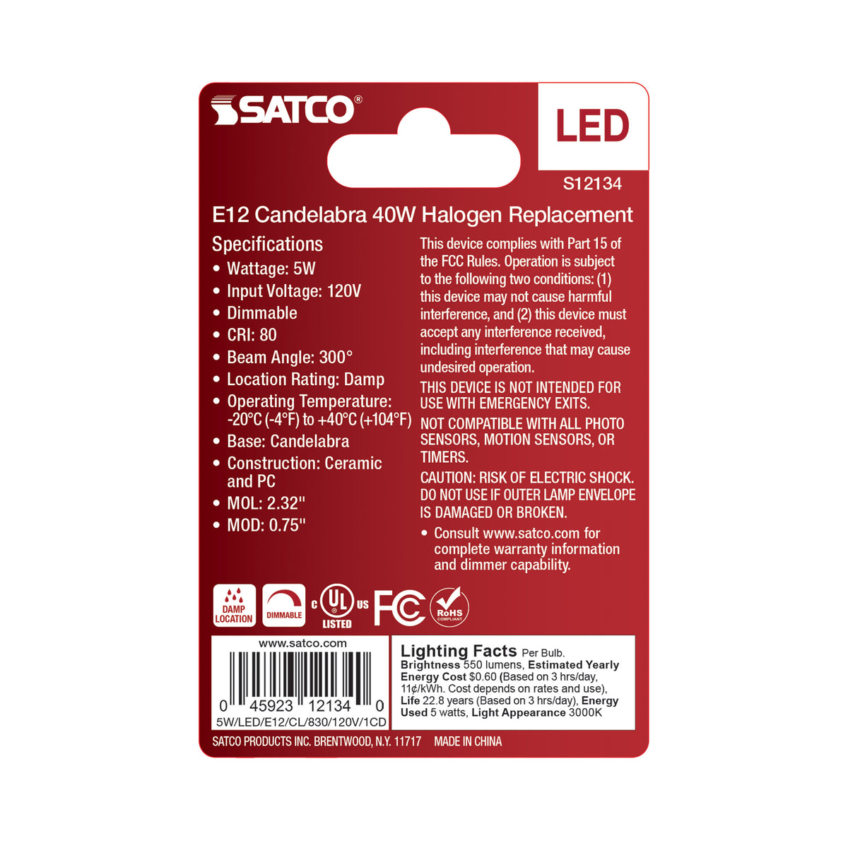 5 Watt Mini LED - Candelabra Base - 3000K - Clear Finish - 120 Volt