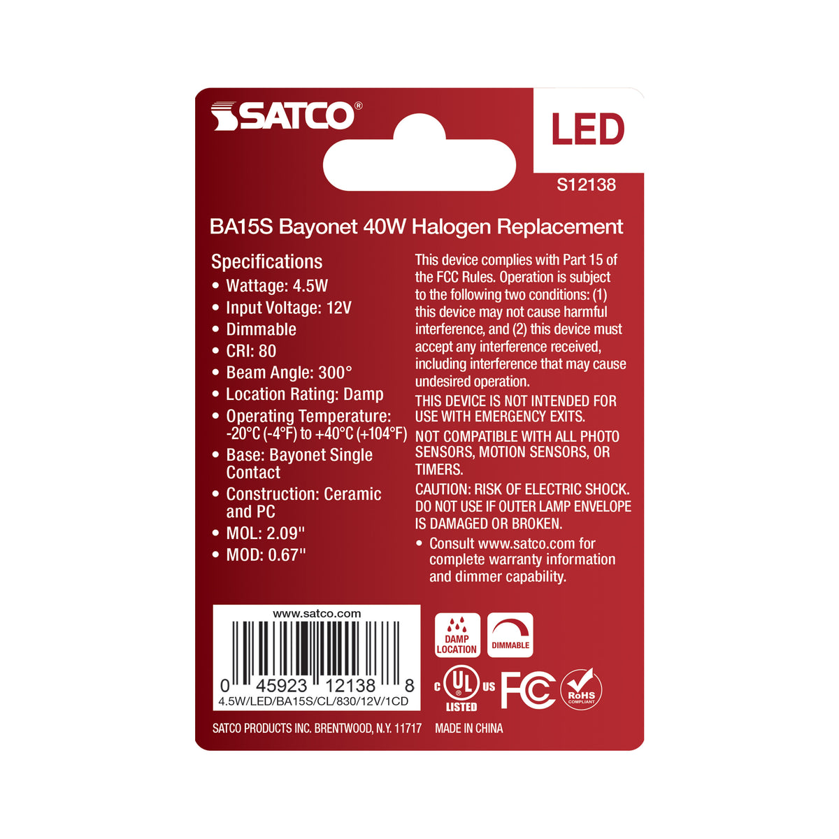 4.5 Watt Mini LED - Bayonet Single Contact Base - 3000K - Clear Finish - 12 Volt