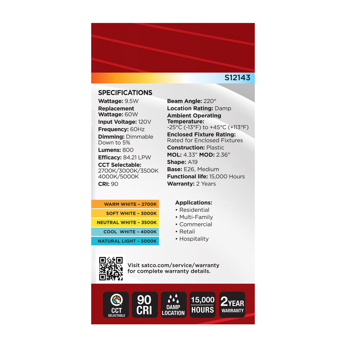 9.5 Watt LED - A19 - 27K/3K/35K/4K/5K - Medium Base - 120 Volt