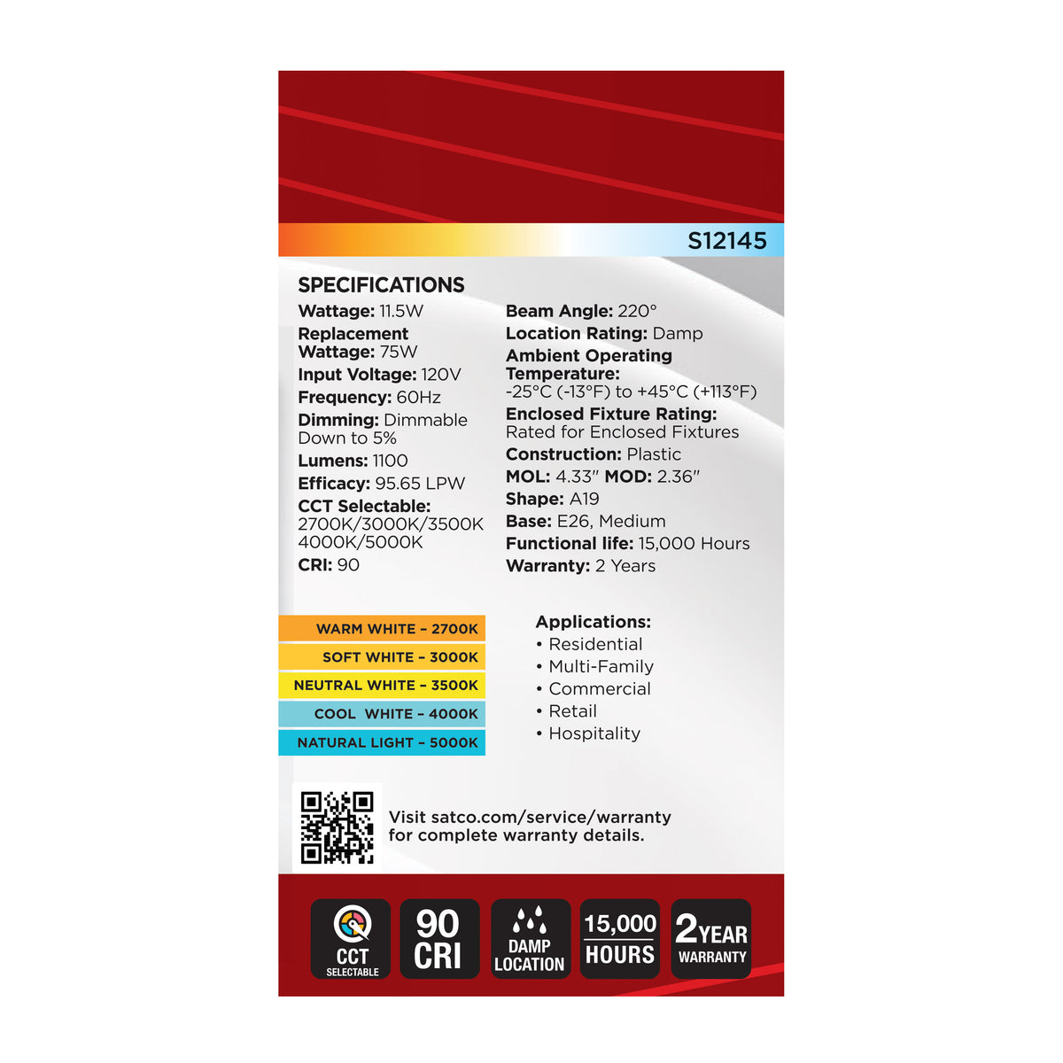 11.5 Watt LED - A19 - 27K/3K/35K/4K/5K - Medium Base - 120 Volt