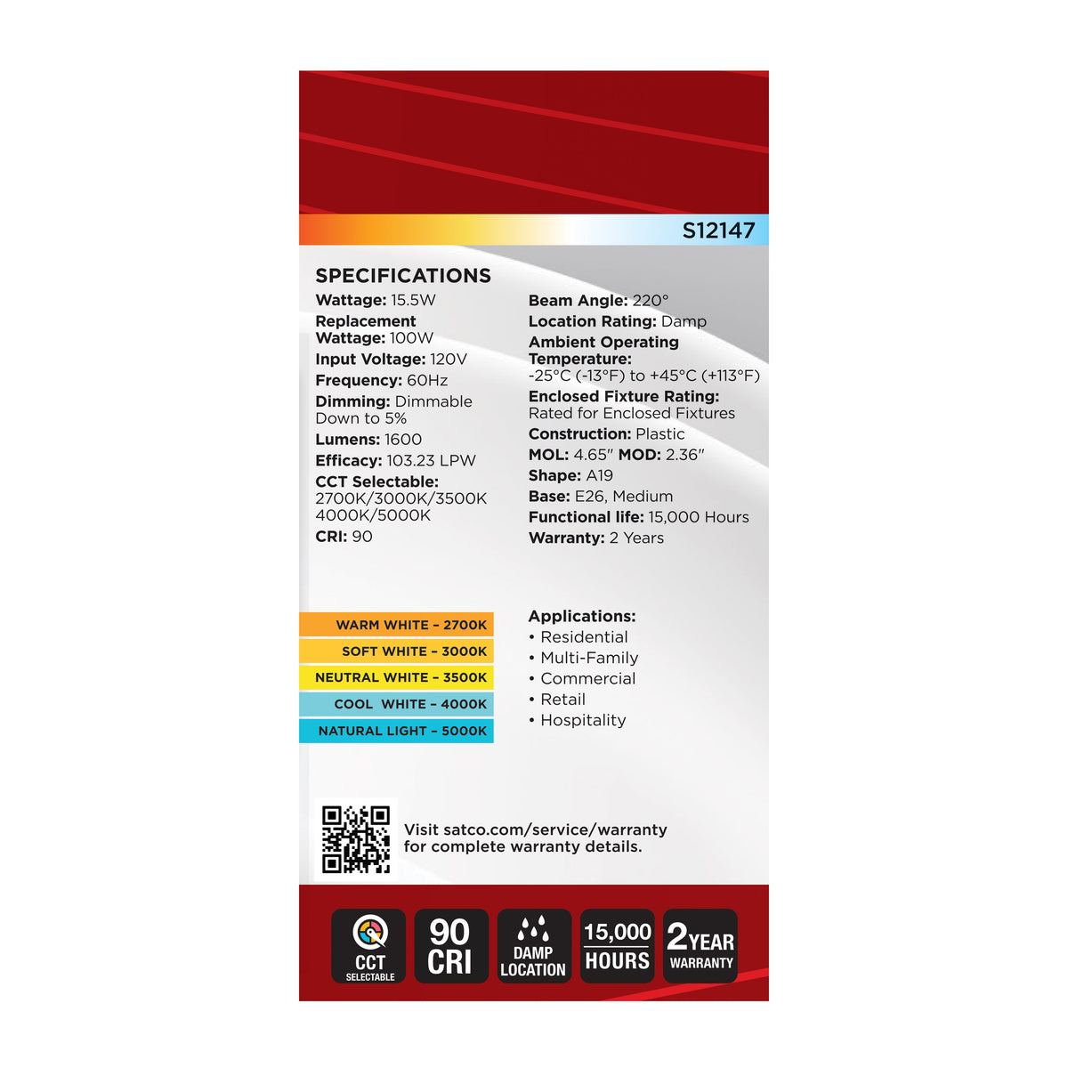15.5 Watt LED - A19 - 27K/3K/35K/4K/5K - Medium Base - 120 Volt