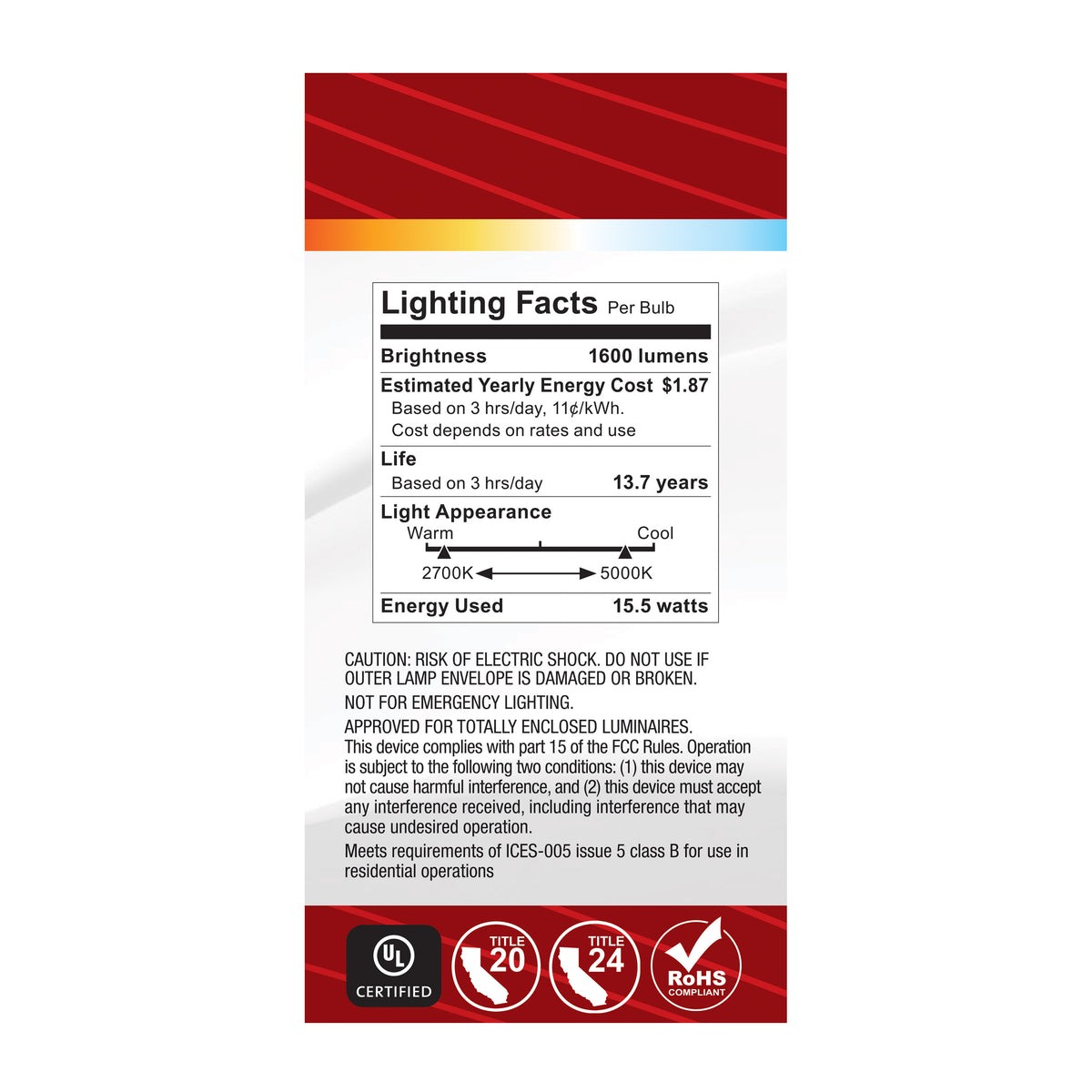 15.5 Watt LED - A19 - 27K/3K/35K/4K/5K - Medium Base - 120 Volt