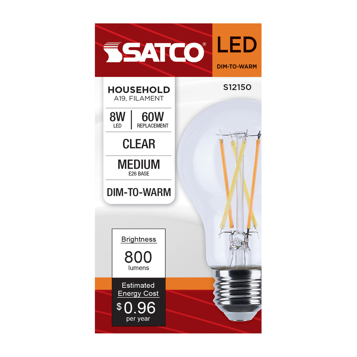 8 Watt LED A19 - 3000K-2000K Warm Dimming - Medium Base - Clear Finish