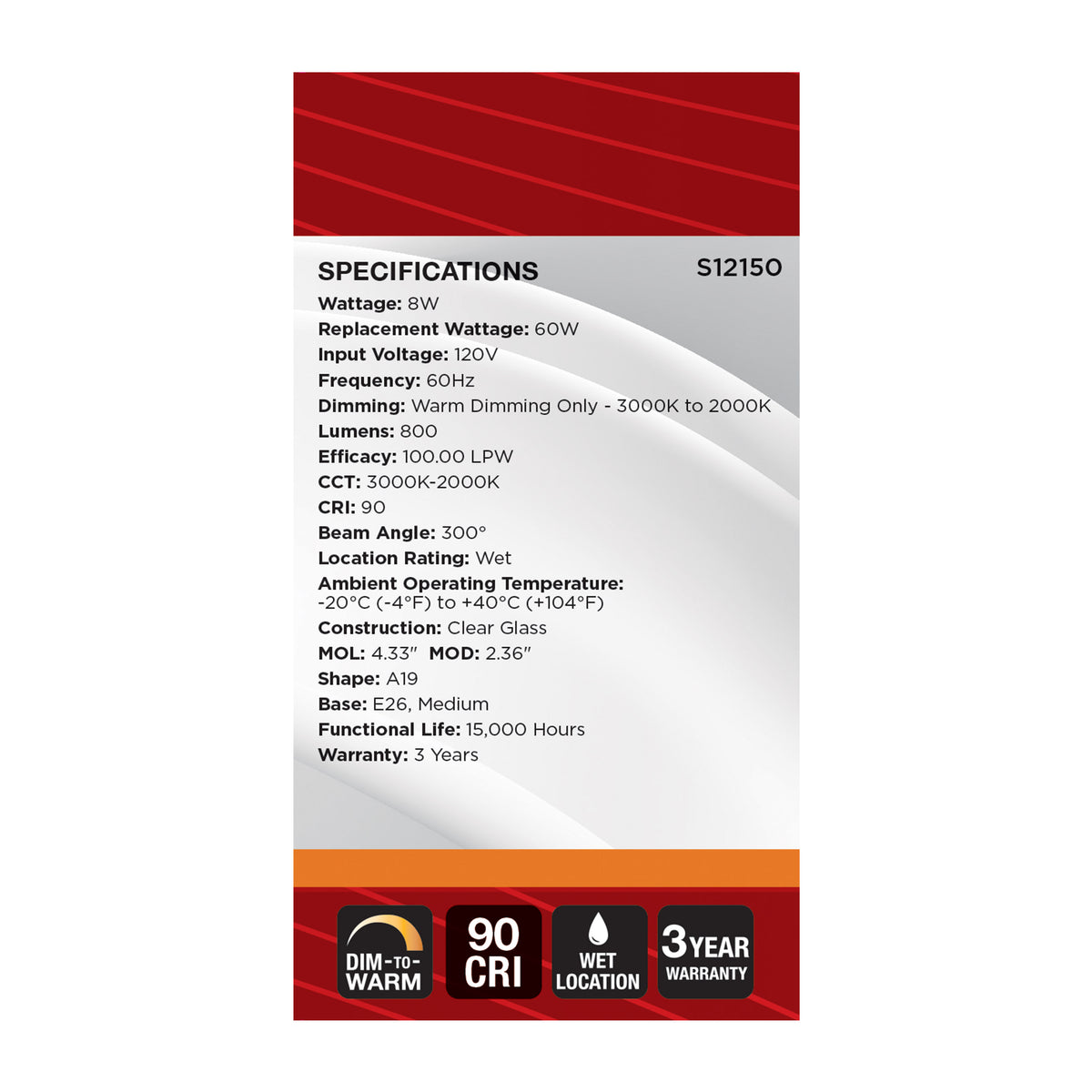 8 Watt LED A19 - 3000K-2000K Warm Dimming - Medium Base - Clear Finish