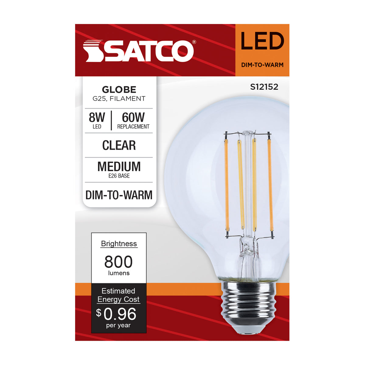 8 Watt LED G25 - 3000K-2000K Warm Dimming - Medium Base - Clear Finish