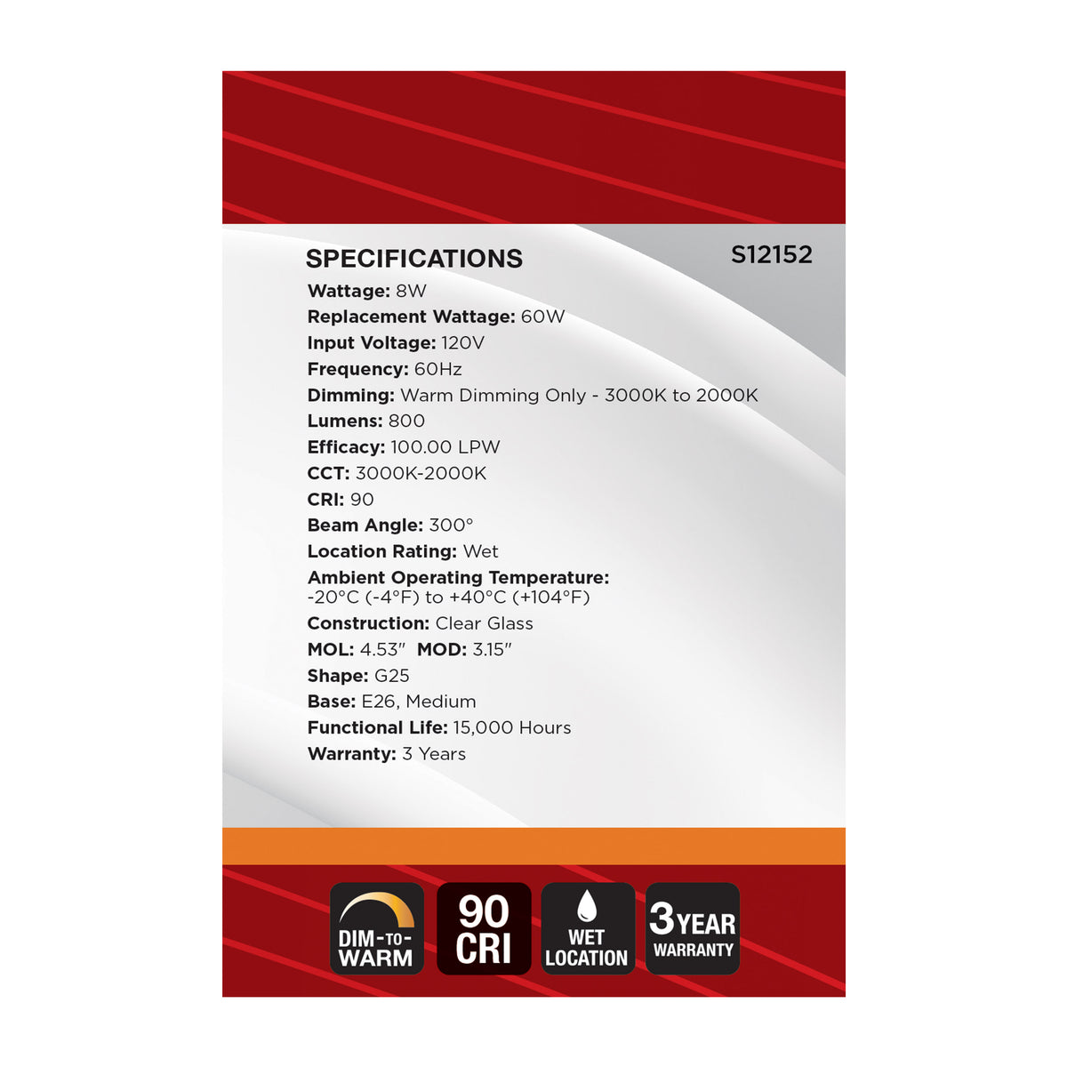 8 Watt LED G25 - 3000K-2000K Warm Dimming - Medium Base - Clear Finish