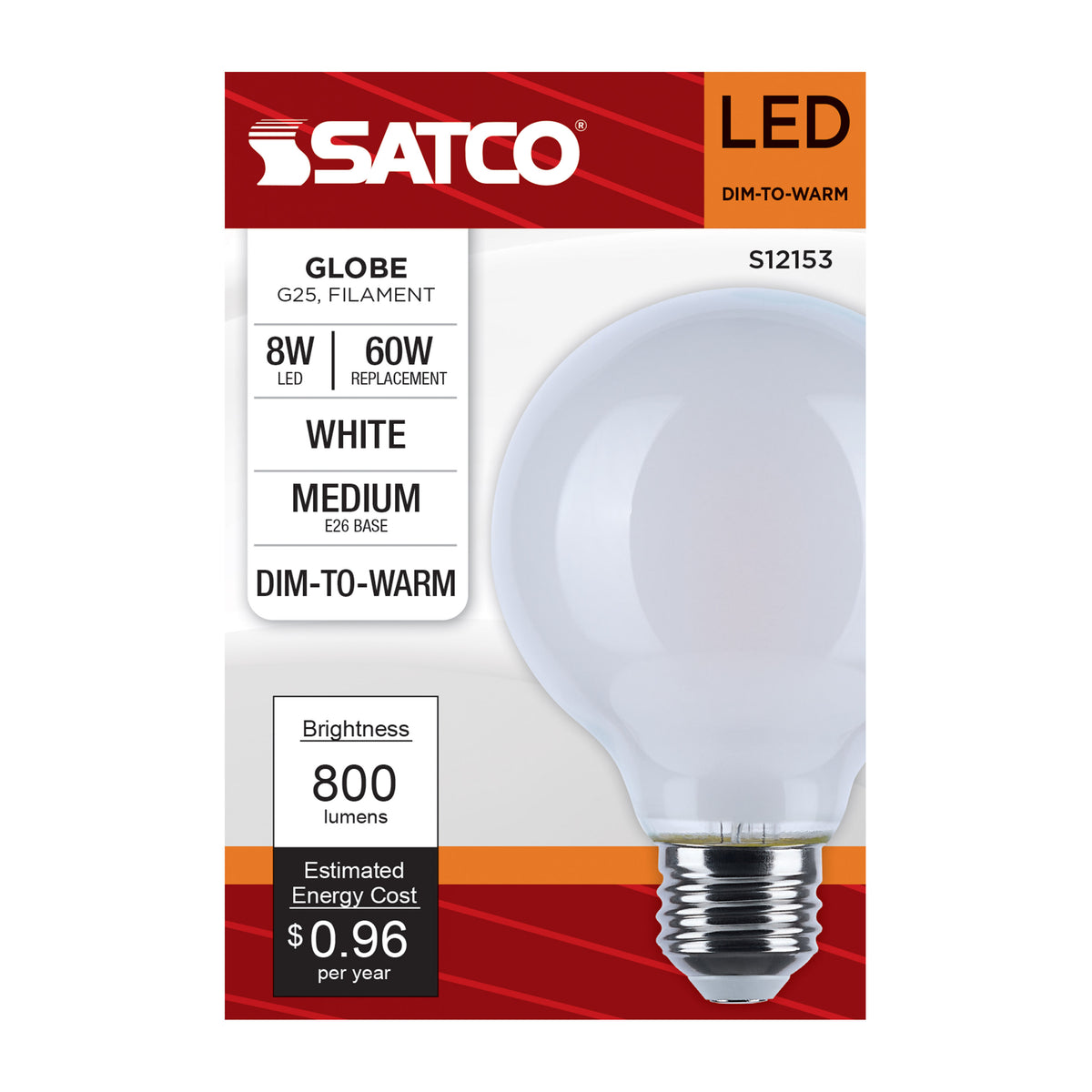 8 Watt LED G25 - 3000K-2000K Warm Dimming - Medium Base - White Finish