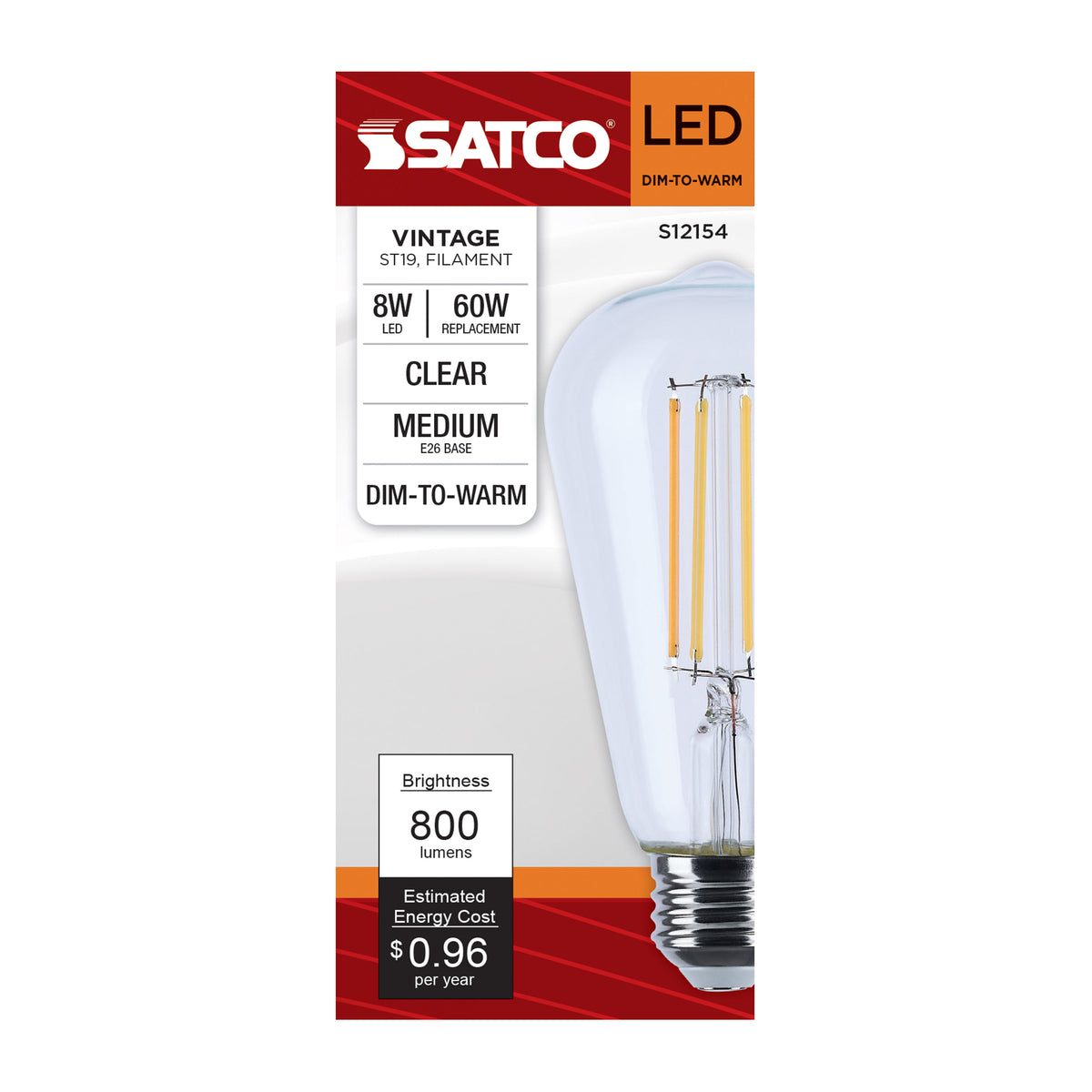 8 Watt LED ST19 - 3000K-2000K Warm Dimming - Medium Base - Clear Finish
