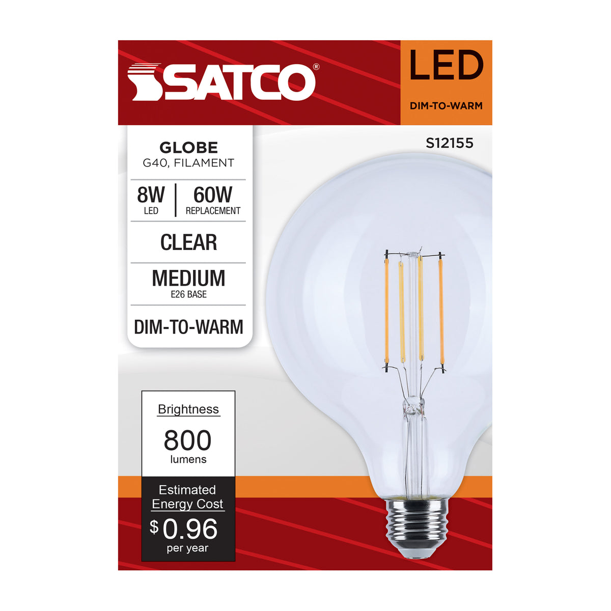 8 Watt LED G40 - 3000K-2000K Warm Dimming - Medium Base - Clear Finish
