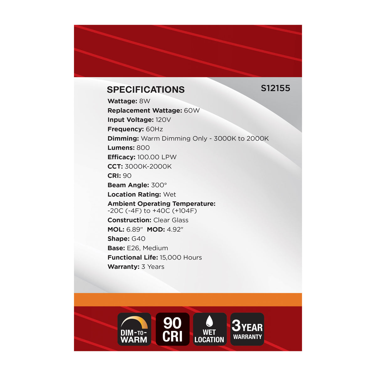 8 Watt LED G40 - 3000K-2000K Warm Dimming - Medium Base - Clear Finish