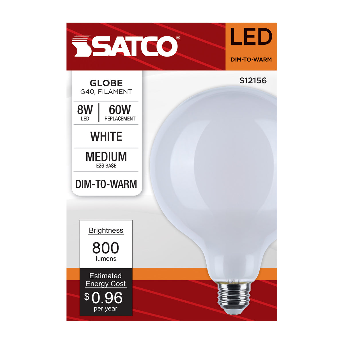 8 Watt LED G40 - 3000K-2000K Warm Dimming - Medium Base - White Finish