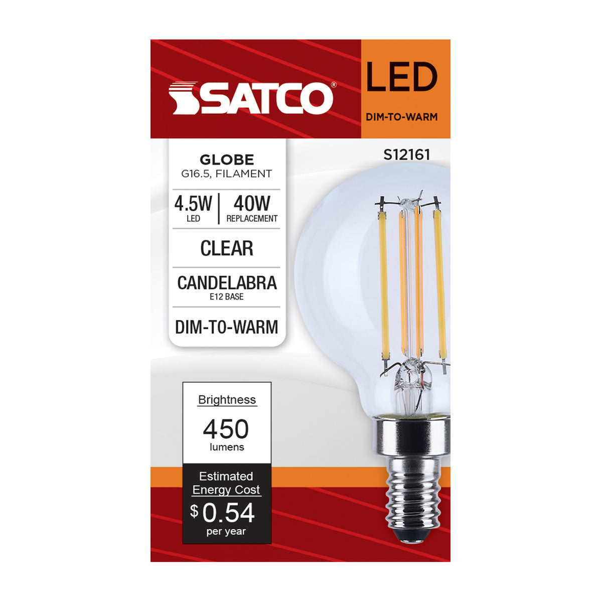 4.5 Watt LED G16.5 - 3000K-2000K Warm Dimming - Candelabra Base - Clear Finish