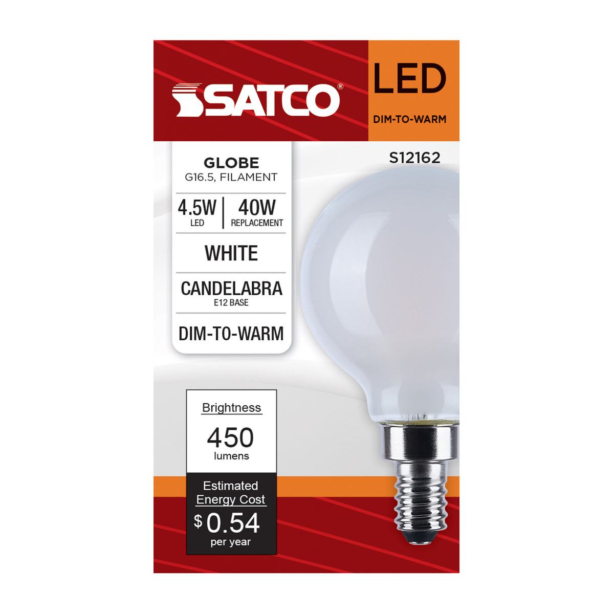 4.5 Watt LED G16.5 - 3000K-2000K Warm Dimming - Candelabra Base - White Finish