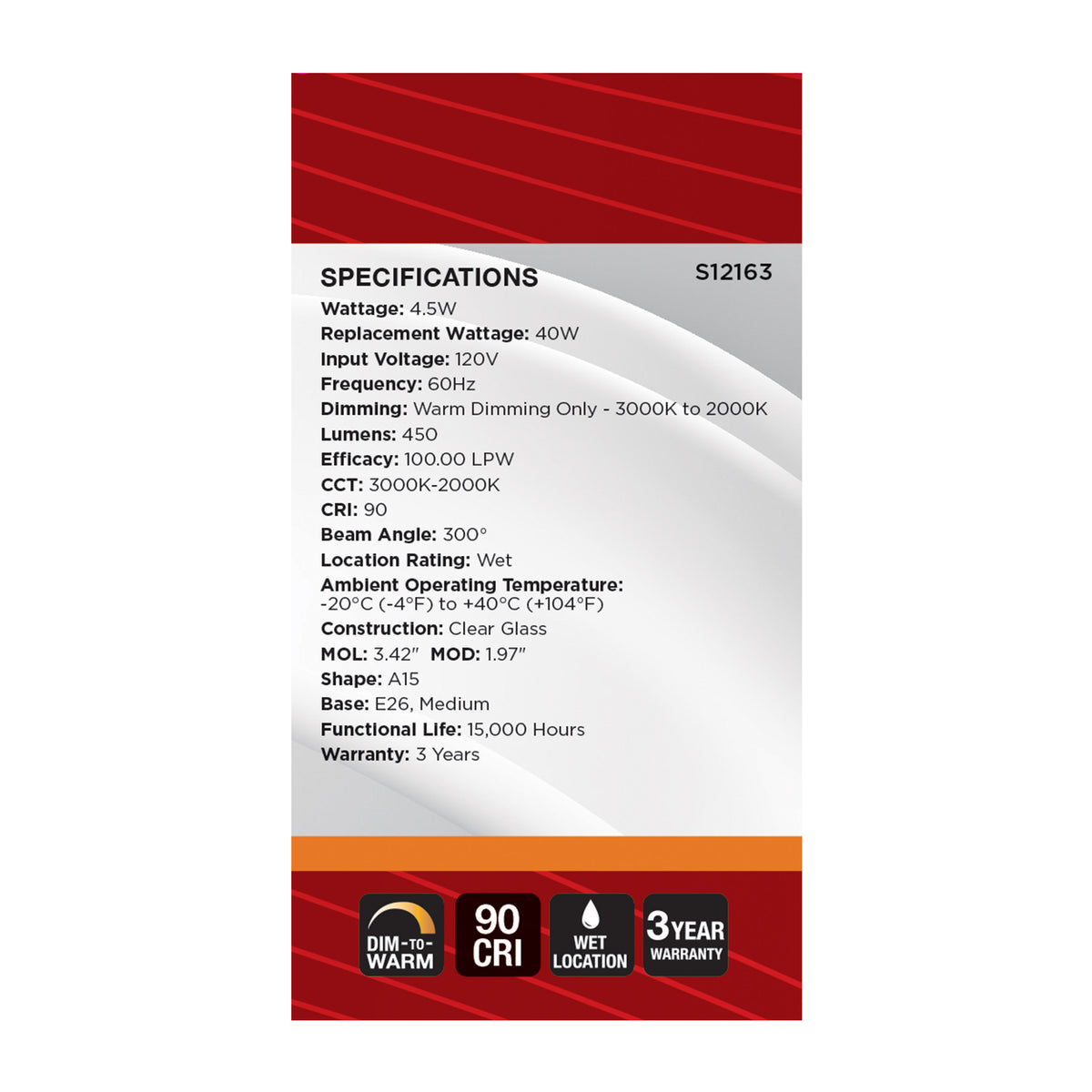 4.5 Watt LED A15 - 3000K-2000K Warm Dimming - Medium Base - Clear Finish