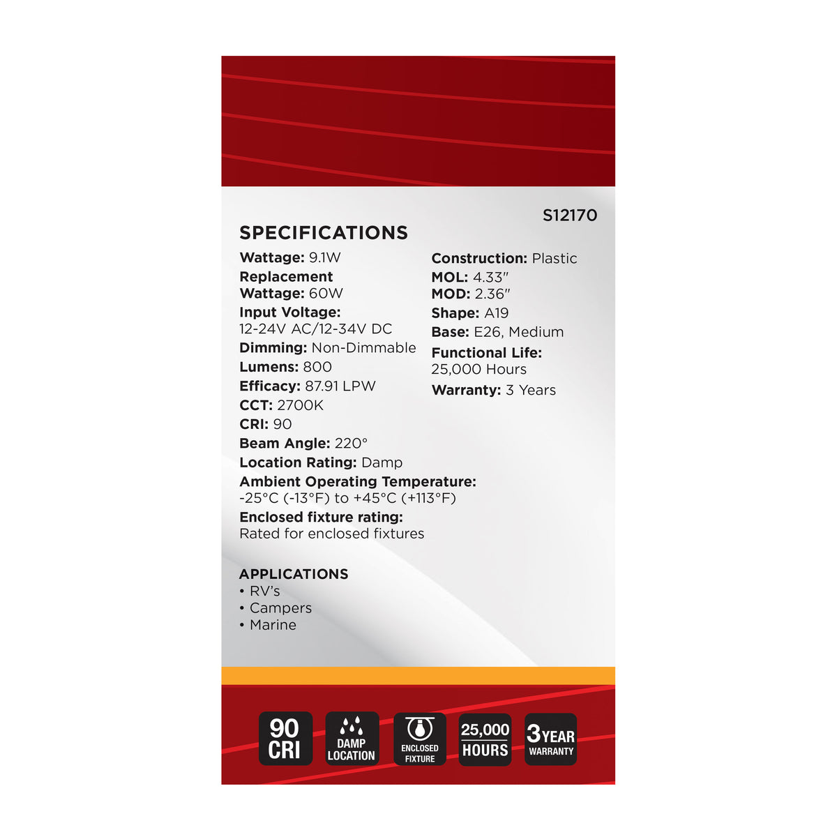 9.1 Watt A19 LED - 2700K CCT - Medium Base - White Finish - 12V-24VAC - 12V-34VDC