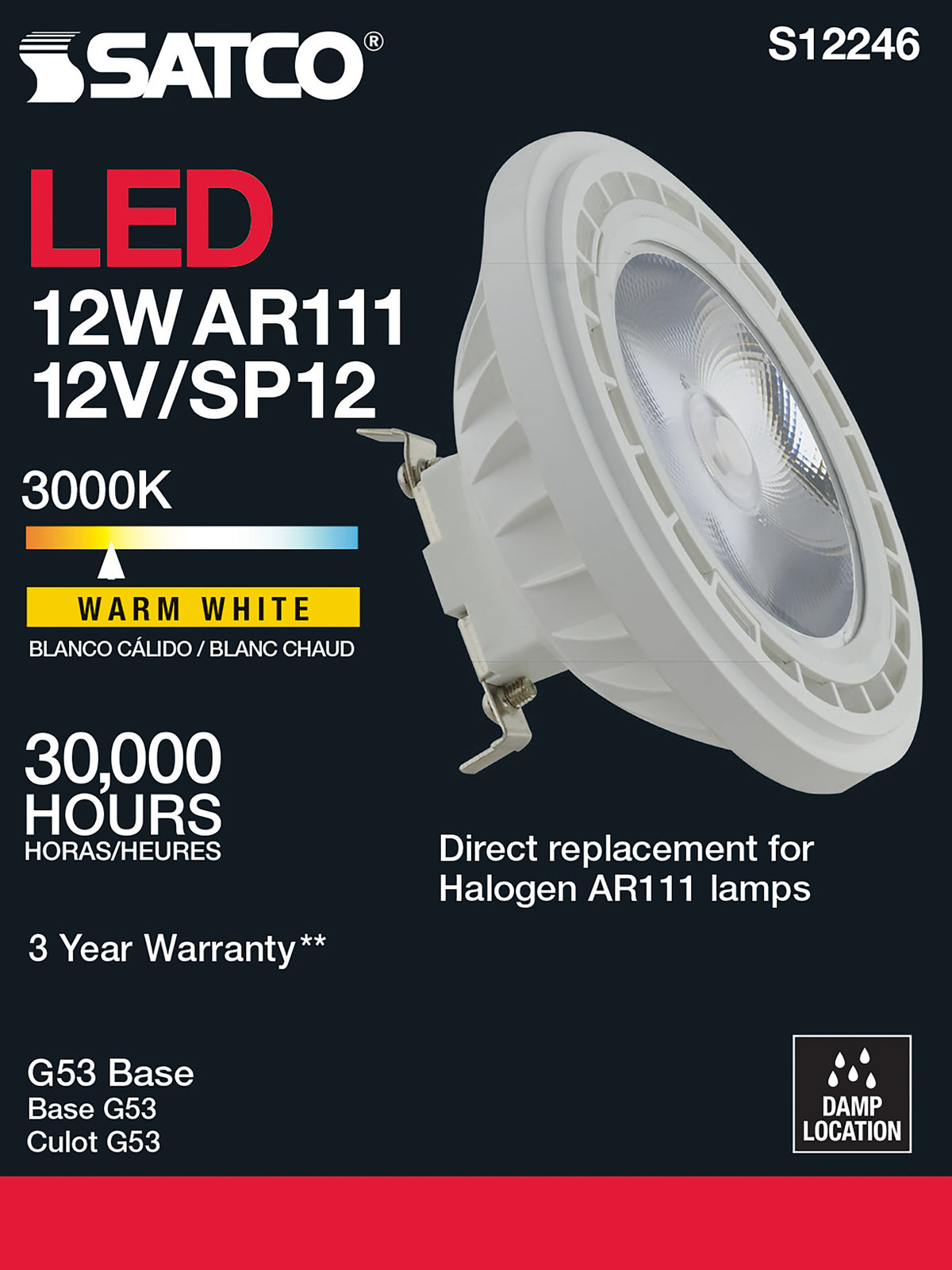 12 Watt - AR111 - COB LED - 850 Lumens - G53 Base - 80 CRI - 3000K - 12 Volt - 12 Degree Spotlight Bulb