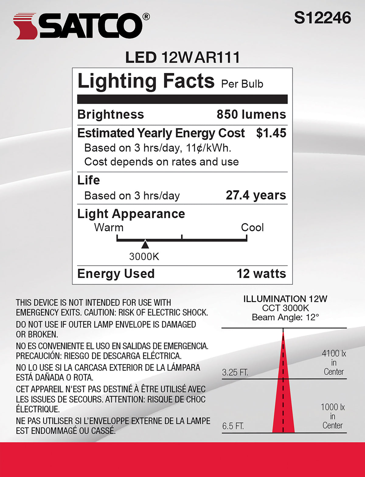 12 Watt - AR111 - COB LED - 850 Lumens - G53 Base - 80 CRI - 3000K - 12 Volt - 12 Degree Spotlight Bulb