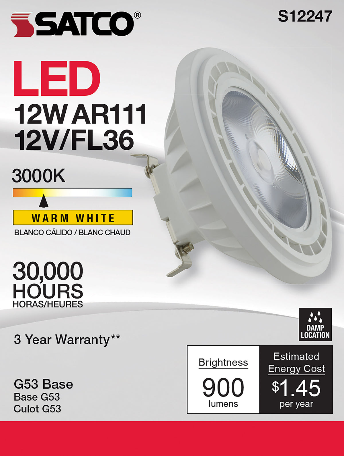 12 Watt - AR111 - COB LED - 900 Lumens - G53 Base - 80 CRI - 3000K - 12 Volt - 36 Degree - Floodlight Bulb