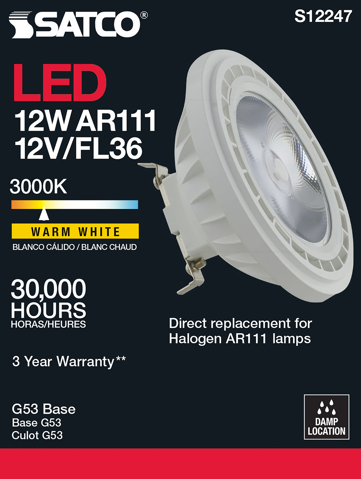 12 Watt - AR111 - COB LED - 900 Lumens - G53 Base - 80 CRI - 3000K - 12 Volt - 36 Degree - Floodlight Bulb